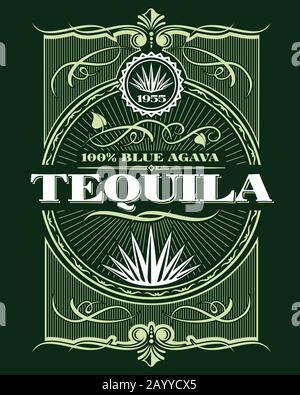 Vintage alcohol tequila drink vector bottle label. Sticker or poster for tequila tipple Stock Vector
