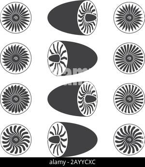 Aircraft jet engine turbines, blades of turbines, vector icons illustration Stock Vector