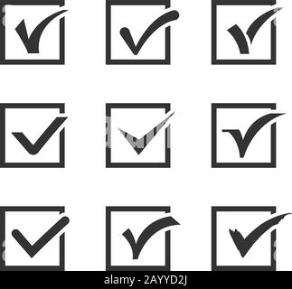 Check marks, ticks in boxes confirmation, positive vector icons. Positive check choice and vote correct positive illustration Stock Vector