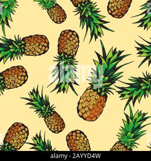 Vector seamless tropical pattern with pineapples. Tasty fruit fresh illustration Stock Vector