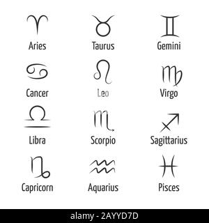 Hand drawn zodiac vector symbols. Horoscope zodiac constellation illustration and virgo leo and sagittarius zodiac sign Stock Vector