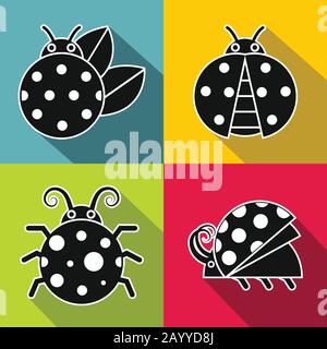 Black ladybug with white stroke on color background. Set of insects in monochrome style. Vector illustration Stock Vector