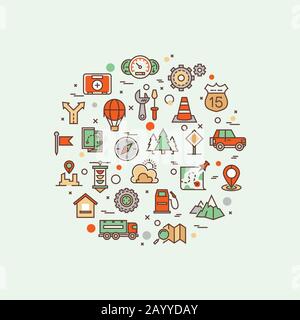 Traffic road vector infographic concept with line transport and landscape icons. Transportation travel road icon, composition road traffic way illustration Stock Vector