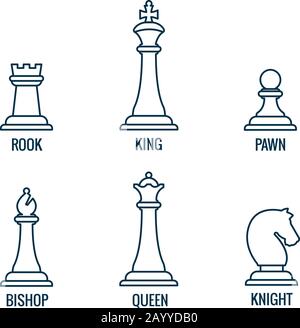 Chess pieces in thin line vector icons, king and queen, bishop and rook, knight and pawn. Set of figure for chess and illustration of chess pieces Stock Vector