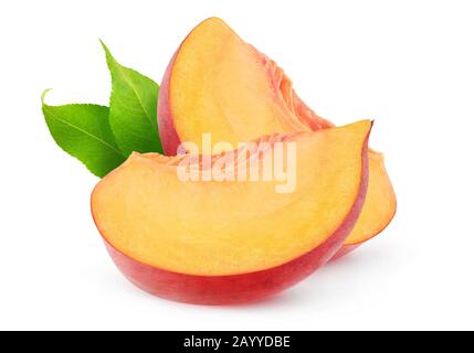 Isolated peach fruit slices. Two pieces of peaches isolated on white background with clipping path Stock Photo