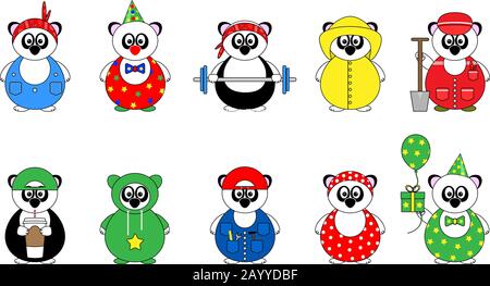 set of ten cute cartoon vector illustrations of panda bear with bandana, coffee, birthday present, tools and funny clothes, in bright colors Stock Vector