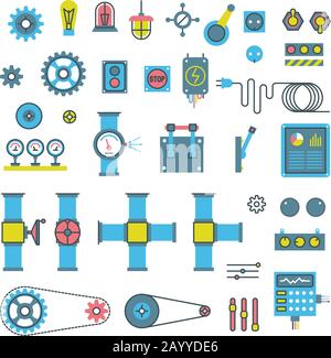 Machinery parts flat vector icons. Machinery gear for industry, wheel with cog and engineering mechanical gear equipment illustration Stock Vector