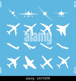 Different airplanes vector icons. Set of white airplane silhouettes on blue background. Air plane transport vector illustration Stock Vector