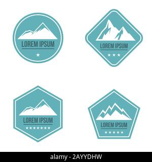 Mountain white logo on blue background. Set of logo for outdoor travel. Vector illustration Stock Vector