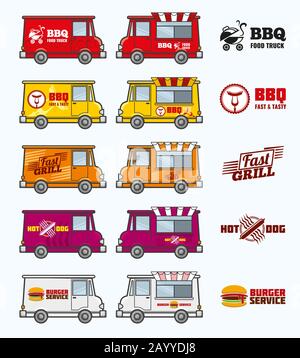 Food trucks vector set. Food car and lunch food service. Van restaurant transport illustration Stock Vector