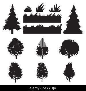 Black trees and grass vector silhouettes on white background Stock Vector