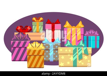 Heap of gift boxes with ribbon bows isolated over white. Heap box for christmas, vector illustration Stock Vector