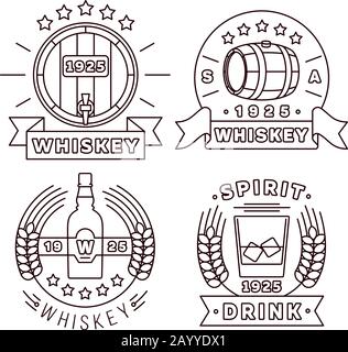 Illustration whisky logo set in thin line style. Vector whiskey alcohol drinks modern labels for pub and whiskey bar Stock Vector