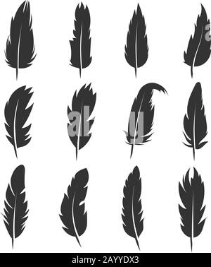 Feather, antique pen black vector icons isolated on white background. Plume for write and education illustration Stock Vector