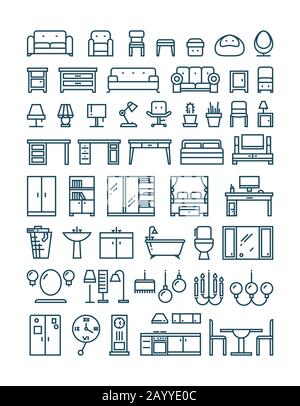 Furniture and sanitary line thin vector icons. Furniture interior set icon and furniture for home room kitchen and bathroom illustration Stock Vector