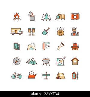 Camping and hiking flat vector icons for infographics. Travel icon hiking and outdoor camping for hiking tourism illustration Stock Vector