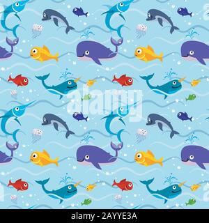 Funny kids fish in water seamless vector background. Underwater colored pattern with whale illustration Stock Vector