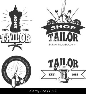 Tailor shop vector labels, badges, logos, emblems. Tailor label element for shop and equipment monochrome spool and scissor tailor shop illustration Stock Vector