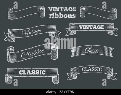 Vintage ribbon banners with engraved shadows vector set