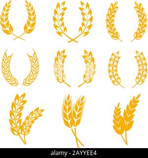 Rye wheat ears wreaths vector elements for bread and beer labels and logos. Harvest cereal golden rye illustration Stock Vector