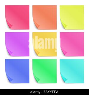 Color post its paper stickers for notes vector set. Note reminder papers with curled corner illustration Stock Vector