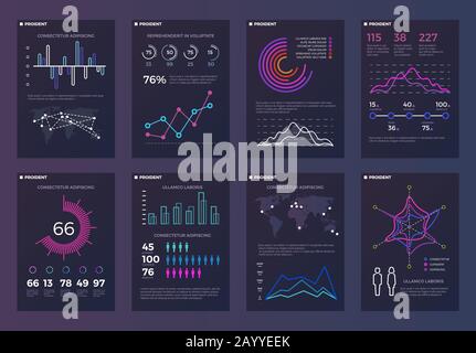 Infographics, brochures vector templates for business reports with line charts and diagrams. Chart and diagram presentation brochure, template of infographic diagram for business illustration Stock Vector
