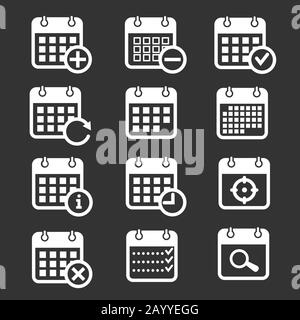 Calendar vector icons with event, add, delete, progress symbols. Plan calendar schedule and month calendar event and reminder illustration Stock Vector