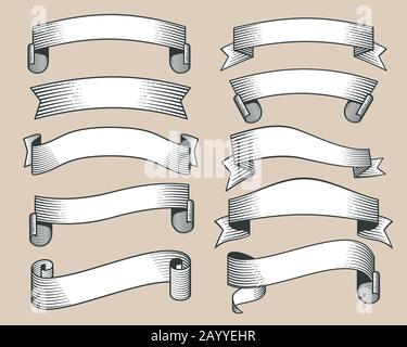 Retro ribbon banners in hand drawn engraving style vector. Collection of ribbon with scroll, illustration template vintage ribbons Stock Vector