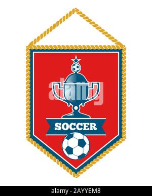 Red soccer pennant with cup isolated on white background. Vector illustration Stock Vector