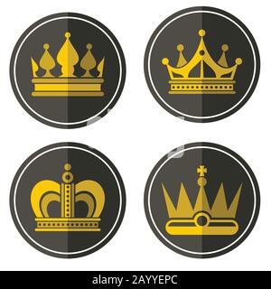 Yellow crown icons on color background. Labels of golden crowns in circle. Vector illustration Stock Vector