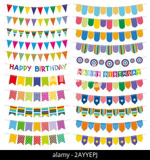 Colorful bunting flags and garlands. Birthday and party vector decoration. Color pattern flag on string, carnival decoration flag hanging illustration Stock Vector