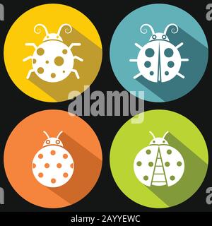 Ladybugs on yellow background with shadow. White insect in circle. Vector illustration Stock Vector