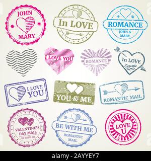 Romantic postage stamp vector set for wedding and Valentines Day post card, invitation design. Stamp in form heart and stamp for postcard illustration Stock Vector