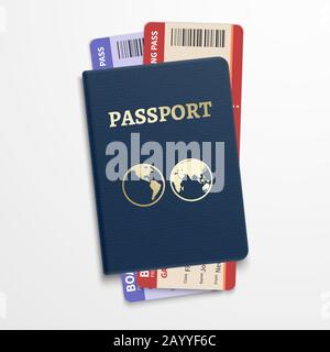 Passport with airline tickets. International tourism travelling concept. Personal document passport with ticket flight, illustration passport for travel Stock Vector