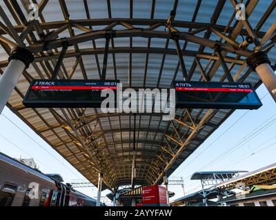 Destination information board on platform, Krasnoyarsk train station, Trans-Siberian Railway route, Siberia, Russian Federation Stock Photo