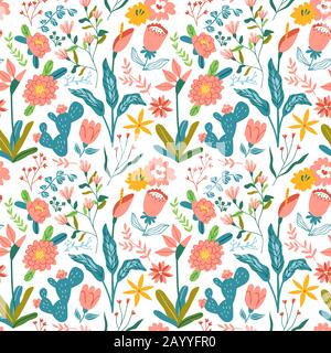 Beautiful flower seamless pattern with vintage style floral hand drawn decoration. Includes rose, cactus, tulip flowers and spring elements on white b Stock Vector