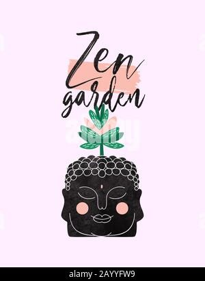 Zen garden hand drawn quote illustration of cute buddha head with exotic succulent plant for relaxation typography design. Stock Vector