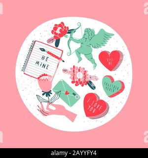 Hand drawn love elements collection on isolated white background. Romantic holiday concept set includes candy hearts, cupid, flowers. Stock Vector