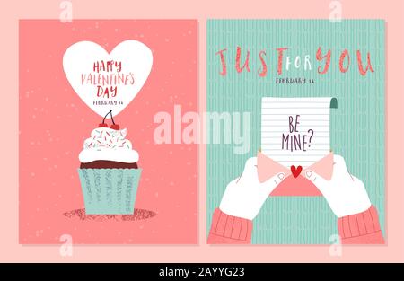 Happy valentine's day greeting card hand drawn illustration set with love letter message and cute food for romantic holiday. Stock Vector