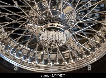 Close up of wheel on a Jaguar E-Type Zero car exhibited at the Victoria and Albert Museum exhibition entitled Cars: Accelerating the Modern World. Stock Photo