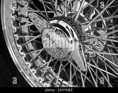Close up of wheel on a Jaguar E-Type Zero car exhibited at the Victoria and Albert Museum exhibition entitled Cars: Accelerating the Modern World. Stock Photo