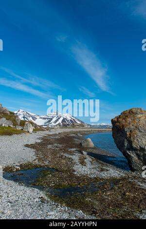 View of the landscape at Hornsund from Gnålodden in Svalbard, Norway. Stock Photo