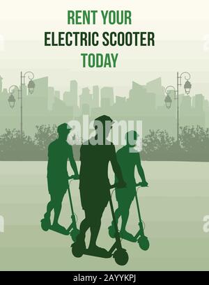 Rent your electric scooter. Poster for electric scooter rentals, vector illustration Stock Vector