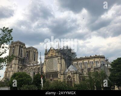 Paris, France - 05.23.2019: Notre Dame Cathedral in Paris is under construction after the big fire that destroyed roof of the cathedral Stock Photo