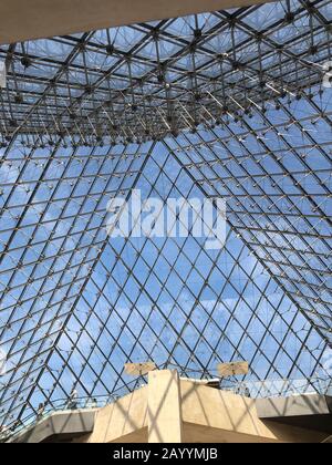 Paris, France - 05.24.2019: Inside view of famous Louvre Museum with Louvre Pyramid. Stock Photo