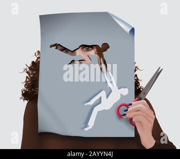 A woman looks closely at a clever cutout figure that appears to be reaching out helping hands to the paper figure created by the cut. Stock Photo