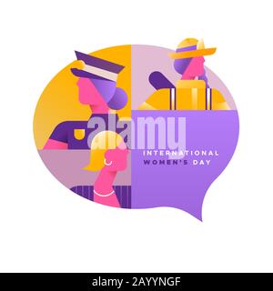 International Women's day illustration of women from diverse career jobs in social chat bubble. Includes firefighter, police and business woman. Stock Vector