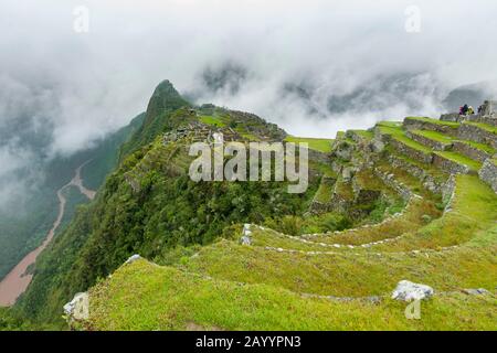 View of the Urubamba river from the ancient Inca city of Machu Picchu in Peru. Stock Photo