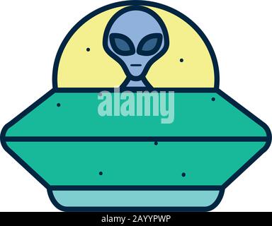 Alien inside ufo line fill style icon of Space futuristic cosmos outside universe astronomy adventure and exploration theme Vector illustration Stock Vector