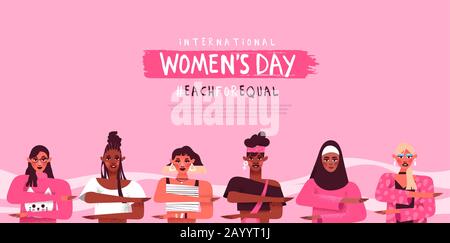 International women's day web template background. Diverse female characters making equality arm gesture, each for equal diversity campaign design. Wo Stock Vector